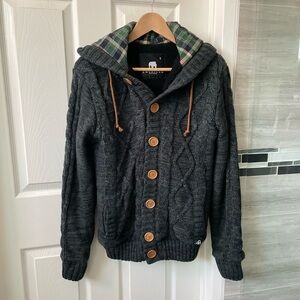 Drawstring Hoodie knit sweater. 24" Length , 38" Chest, 17" Shoulder, 26" Sleeve